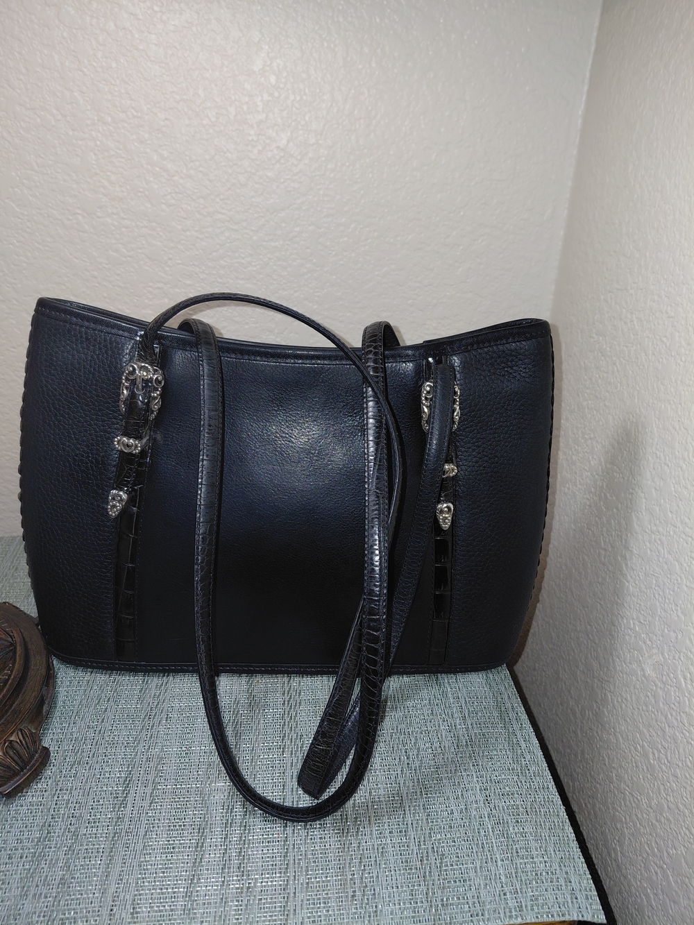 Brighton Black Leather Tote with Silver Accents